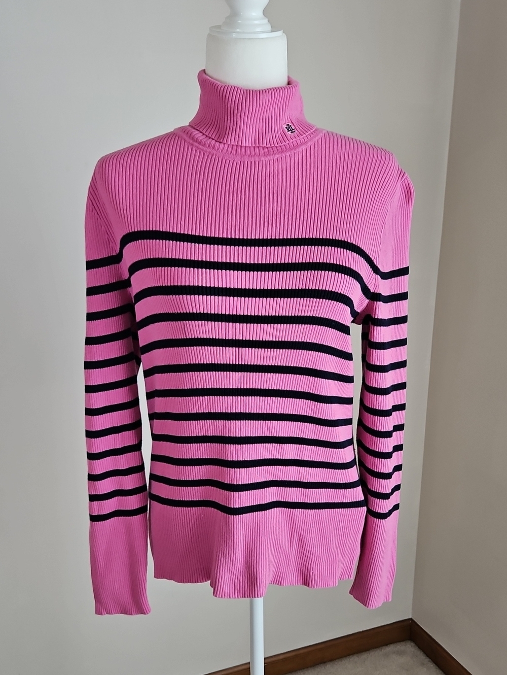 Lauren Ralph Lauren XL Pink Navy Striped Ribbed Turtleneck Sweater Top Cotton